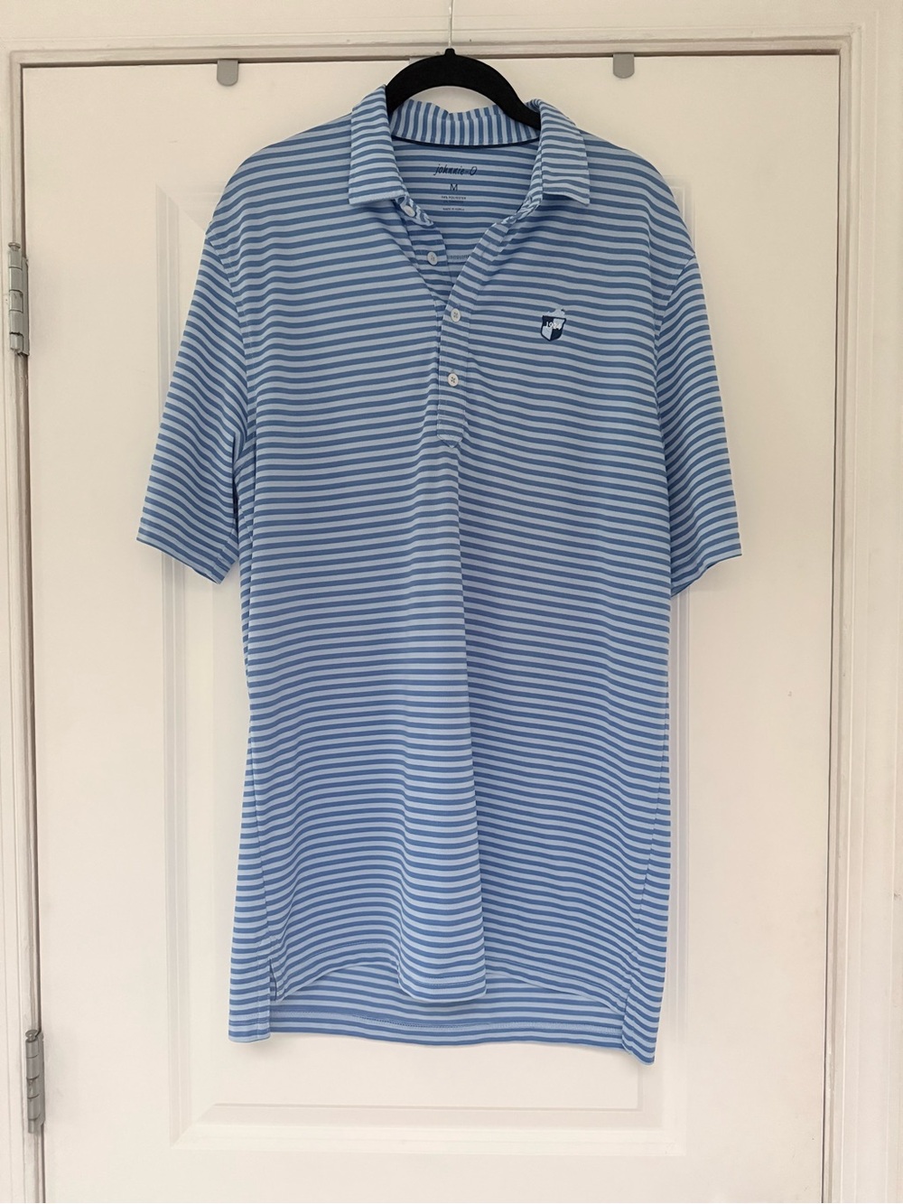 johnnie-O Light Blue and White Striped Performance Polo Virginia Logo 1924 | M